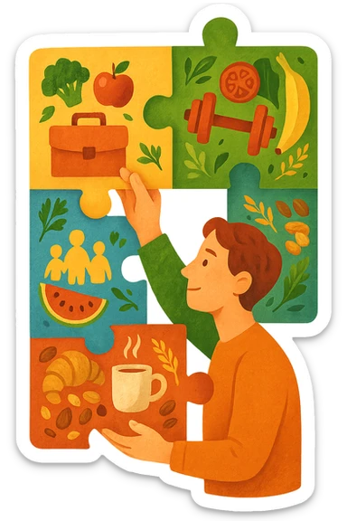 a person is surrounded by puzzle pieces, each representing a different aspect of their life (work, exercise, family, leisure), and healthy foods are integrated into each piece. The person assembles the puzzle, creating a complete, personalized nutrition plan. The mood is uplifting and creative. sticker