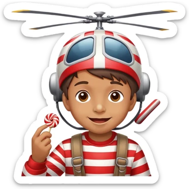 happy kid with helicopter hat eating a candy sticker