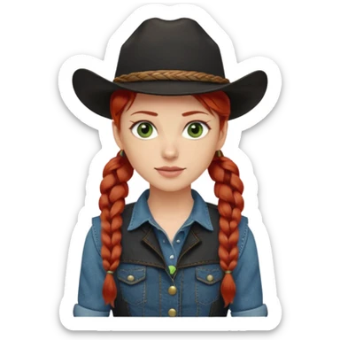 cowgirl with red hair in one braid over shoulder, green eyes, black hat  sticker