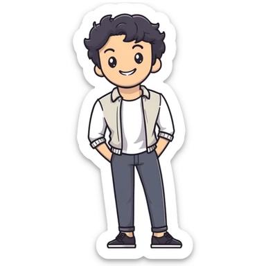Casual business strategist with black wavy hair, stubble, strong features, white skin, wearing casual Friday outfit with no tie, leaning back relaxed, friendly smile, personal and approachable for Instagram profile sticker
