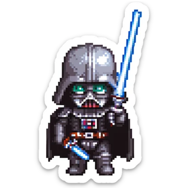 Darth Vader, pixel art, chibi proportions, holding a lightsaber sticker