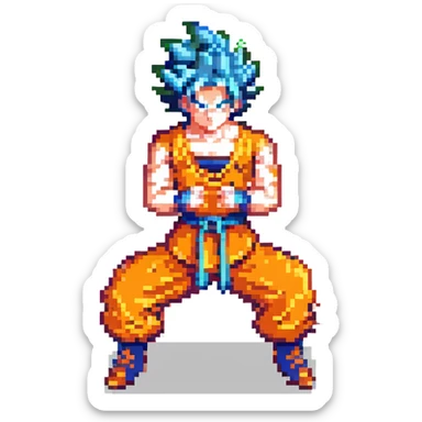 Goku as a pixel art character, spiky hair, orange outfit, fighting stance sticker