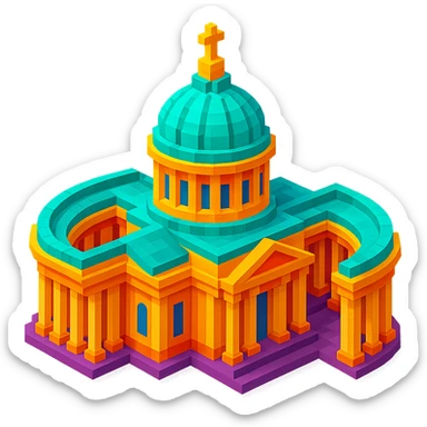 Kazan Cathedral of Saint Petersburg, classic architecture, large central dome, colonnade, isometric view sticker