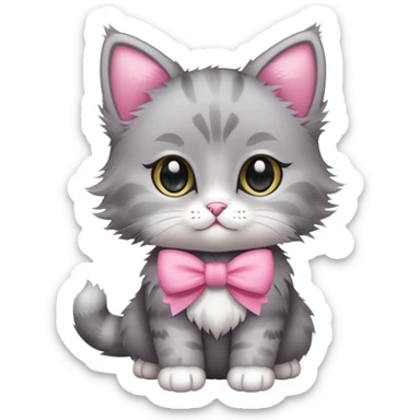 cute baby cat, full body, fluffy, gray with pink bow sticker