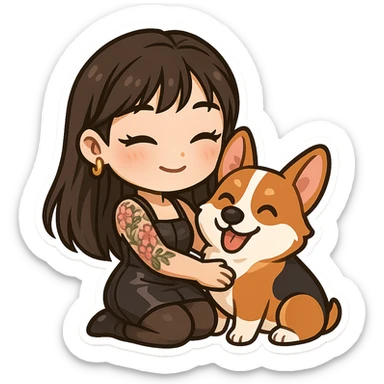 chibi sticker of an Asian girl with long hair and wispy bangs, black leather dress, gold earrings, subtle false lashes, and a 3/4 sleeve tattoo with flowers on her left arm, hugging a cheerful red head tri-color corgi, simplified, emoji-like sticker