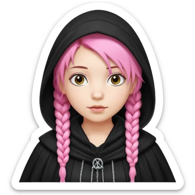 pink braids hair kid girl, white skin, wear black cloak sticker