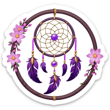 A white-wooden-circle-framed Dreamcatcher. with purple-round-orbs, gold-rings hanging down. purple flowers, pink sakura flowers, sticker