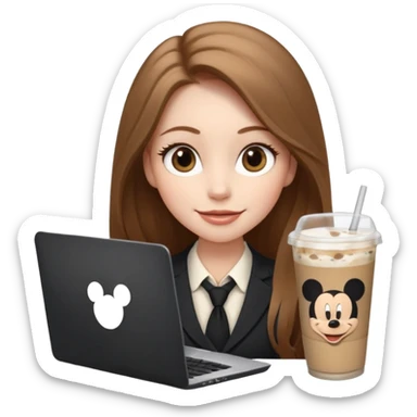 Women in front of laptop has a Mickey sticker, with a happy face, face a little fuller, long light brown hair, light brown big eyes, light pale skin with a iced coffee on the side, business attire sticker