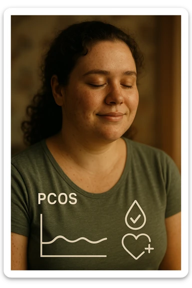 realistic cinematic portrait of a woman with PCOS, positive atmosphere, serene expression, symbols of stable blood sugar like stable graph and health visuals, vertical 2:3 aspect ratio, very few text sticker