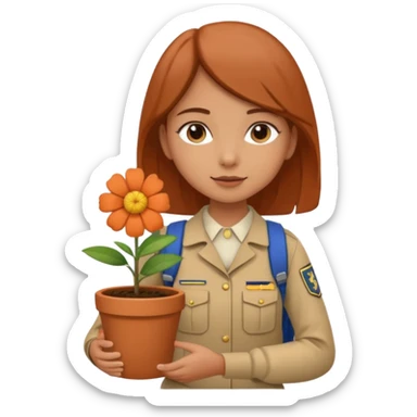 young girl wearing packpack, wearing uniform, holding a flower pot sticker