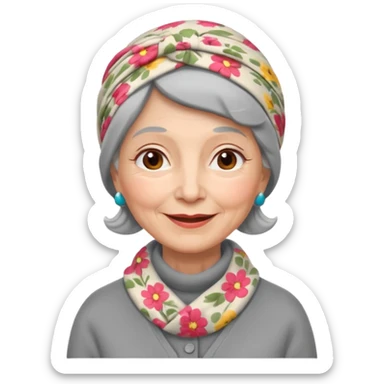 A kind old Soviet village grandmother emoji — elderly woman wearing a floral headscarf tied under her chin, simple gray cardigan, warm smile, friendly face, flat emoji style, minimal Apple-like design. sticker