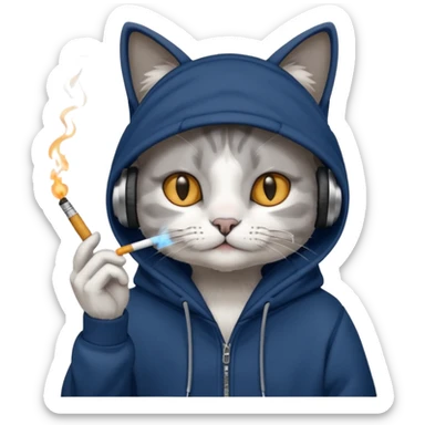cat in headphones, in a dark-blue almost black oversized hoodie with a cigarette in his hand sticker