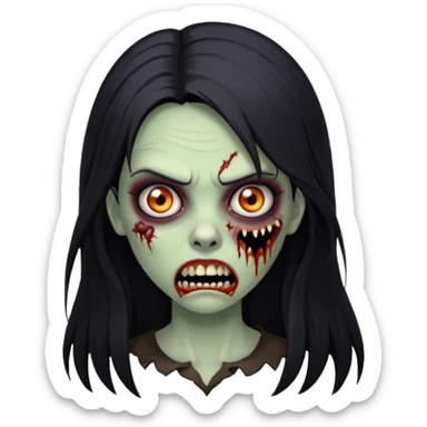 Girl zombie with black long hair with teeth and serious face IOS style sticker