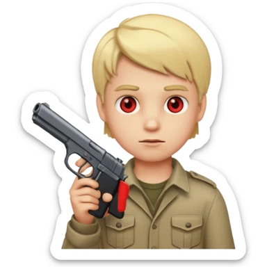 blonde boy emoji holding a gun with red eyes sticker