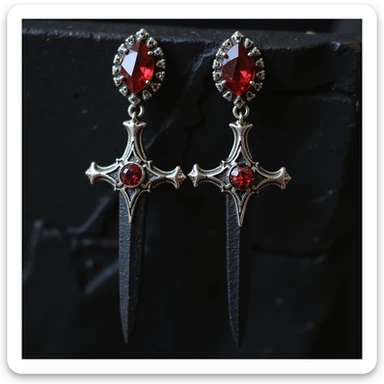realistic goth earrings, black dagger with red gem, metallic and gemstone, dramatic gothic sticker