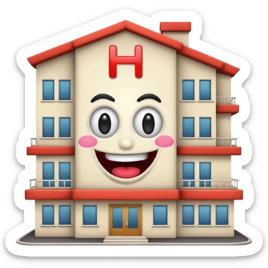 dessiner un batiment Hotel, met une pancarte "H", rajoute un visage (yeux et bouche)de fou sticker