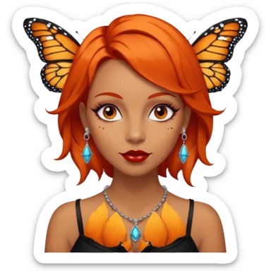 A siren with dark orange hair, red lips, dark eyes, nice eyelashes, bunch of ear piercings, a necklace and only one Monarch butterfly on her shoulder sticker