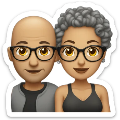 Bald man with tattoos and curly-haired lady wearing glasses sticker