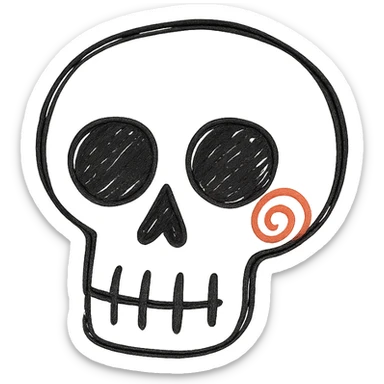 Add a red spiral to the cheek of the skull, keep the hand drawn style with expressive linework, no fill, preserve transparent background. sticker