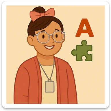 Add glasses to the special education teacher with a pink bow in her hair, maintaining a clear and friendly style. sticker