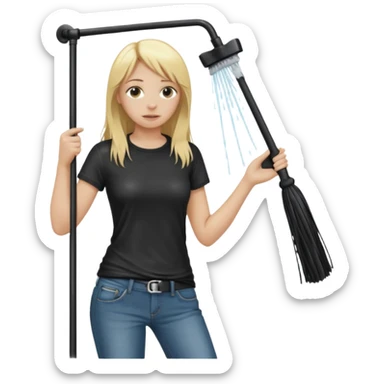Bdsm male dominant wearing jeans black T-shirt and holding a flogger watching from outside blonde long hair sub with a collar showering with suds all over her sticker