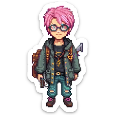 A punk guy with pink hair, wearing Harry Potter glasses, and holding an AK-47 sticker
