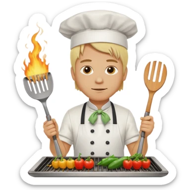 man with tied blond hair and and a white apron grilling vegetables on a sizzling grill sticker