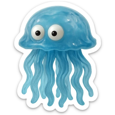 hyper-detailed retro 90's toy style see-through semi-transparent blue plastic jellyfish with derpy eyes soft plastic soft reflections soft and squishy some cloudiness not shiny highly detailed appealing no tag no background sticker