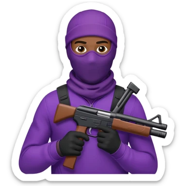 black man holding purple gun with ski mask on head sticker