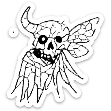 maximum deterioration: extremely fragmented red line art of a single fused skull combining minotaur and stoat features into one hybrid skull (not separate skulls), with broken horn, single glowing red eye, tattered cape elements, and disintegrating moth wings, most outlines missing, severe gaps and broken lines, eroded to almost nothing sticker