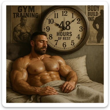 realistic style muscular bodybuilder resting in a bed, gym posters in the background, large clock indicating 48 hours of rest sticker