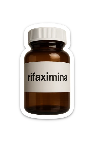 barattolo di medicinale con la scritta "rifaximina" sull'etichetta fluttua in aria, iperrealistico 4k sticker