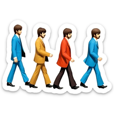 Cinematic Realistic The Beatles Abbey Road Scene Emoji, depicting the legendary band of four crossing the iconic zebra-striped street in their classic outfits, exuding effortless charisma and musical legacy. The scene is bathed in warm, nostalgic lighting with rich textures that capture the essence of 1960s rock history. sticker