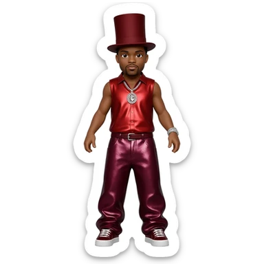 Ginuwine with black short hair, dark red top hat, red metallic sleeve shirt, burgundy metallic baggy pants, silver necklace sticker