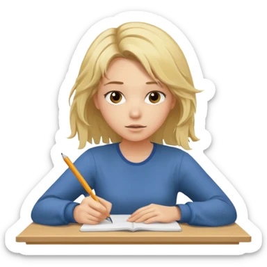 young blonde disheveled hair woman is writing an exam sticker
