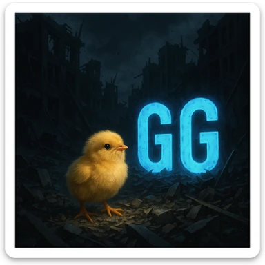 Chick in post-apocalyptic ruins with bright blue letters 'GG', dramatic and contrasting style, conveying hope in chaos, dark and impactful atmosphere. sticker