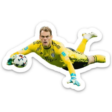 Manuel Neuer, diving save, yellow jersey, football in hand, determined expression sticker