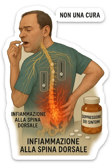 Man taking pain medication for chronic back pain, pills shown as dimmer switches turning down pain signals in transparent nervous system overlay, underlying spinal damage remaining completely untreated and worsening, expression of temporary relief masking progressive deterioration, medication bottle labeled 'symptom suppression' not 'cure', root cause inflammation continuing to spread in italiano sticker