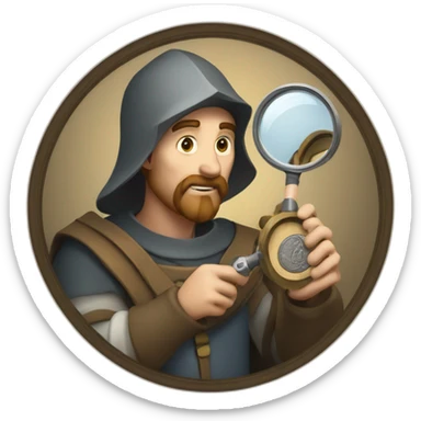 medieval coin collector, looking at a coin with a magnifying lense sticker