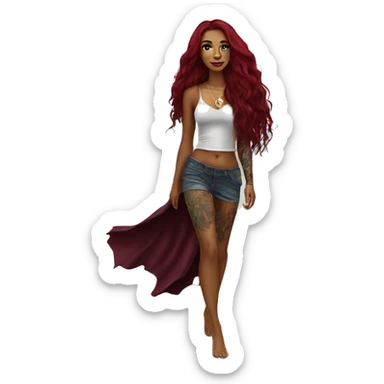 Beautiful tattooed  burgundy long haired woman walking on the beach sticker