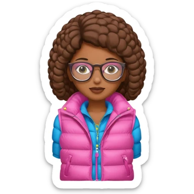 brown skin woman with glasses pink puffer vest sticker
