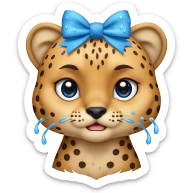 cute crying sad cheetah with blue bow standing  sticker