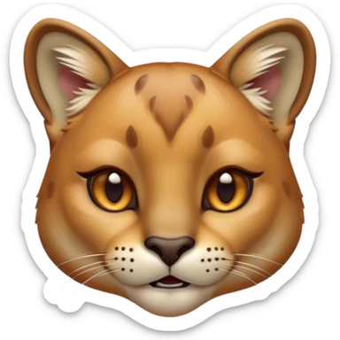Cinematic Cute Cougar Portrait Emoji, Head tilted playfully and inquisitively, featuring a glossy, tawny Fur with delicate dark markings and round, sparkling amber eyes filled with curious mischief, Simplified yet irresistibly adorable features, highly detailed, glowing with a warm, friendly glow, high shine, affectionate and agile, stylized with a touch of wilderness whimsy, bright and endearing, soft glowing outline, capturing the essence of a mischievous yet loving cougar, so playful it feels like it could prowl out of the screen and into your arms! sticker