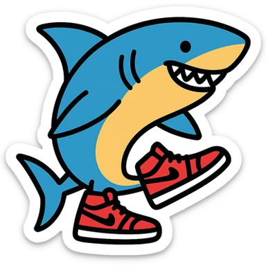 fun and bold colored outlined icon of a shark wearing Air Jordans on its fins and tail sticker