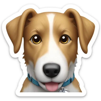 Small terrier collie cross with white stripe in middle of head with a dog toy sticker