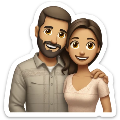 Brown-haired Puerto Rican woman with dark brown eyes wearing a cute blouse giving a comforting hug to a short, bald man with brown eyes, laugh lines, and a beard sticker