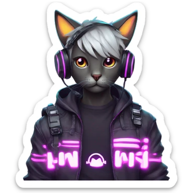 Anime cat gamer guy cyberpunk neon sticker