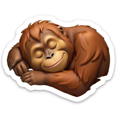 Meme-Worthy cute Sleeping Orangutan Portrait Emoji, Head resting peacefully with a contented smile, showcasing luxuriously soft fur and eyes gently closed in serene slumber, Simplified yet comically adorable features, highly detailed, glowing with a soft, drowsy jungle light, high shine, relaxed and utterly lovable, stylized with an air of playful laziness, bright and heartwarming, soft glowing outline, capturing the essence of a sleeping orangutan that feels destined to become the next viral icon of adorable rest! sticker
