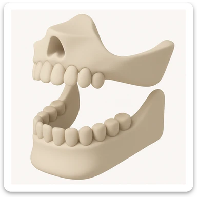 A human jawbone in a minimalist 3D style, focusing on the basic shapes and structure of the teeth. sticker