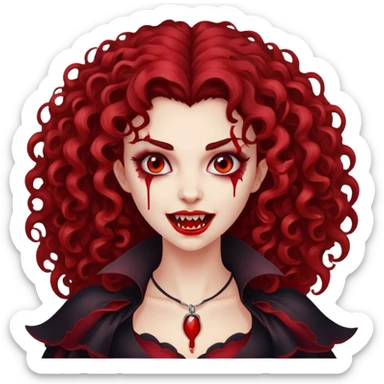 uma vampira com sangue nas presas, branca de cabelo cacheado volumoso sticker